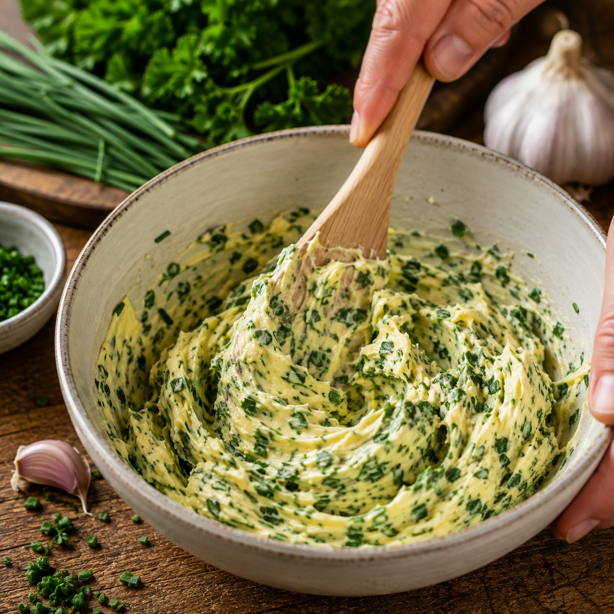 Kräuterbutter mit frischen Kräutern cremig verrühren