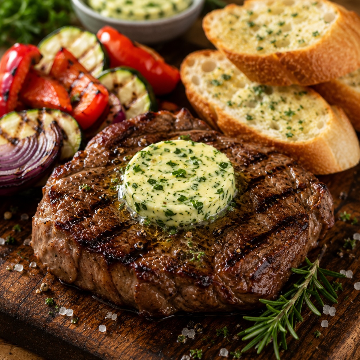 Hausgemachte Kräuterbutter zu gegrilltem Steak und frischem Baguette