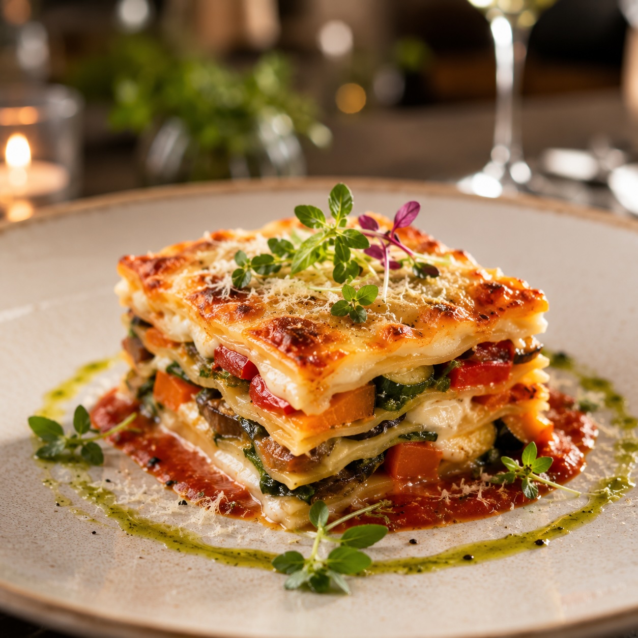 Gemüse-Lasagne ARX Style mit geröstetem Gemüse, Tomatensugo und cremiger Béchamel
