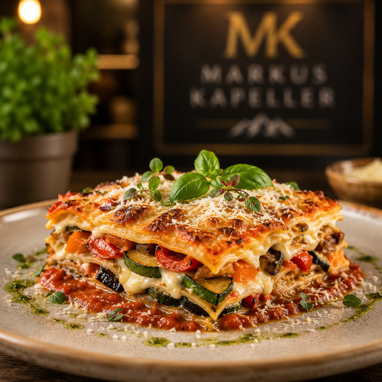 Gemüse-Lasagne ARX Style fein angerichtet mit geröstetem Gemüse und Parmesan