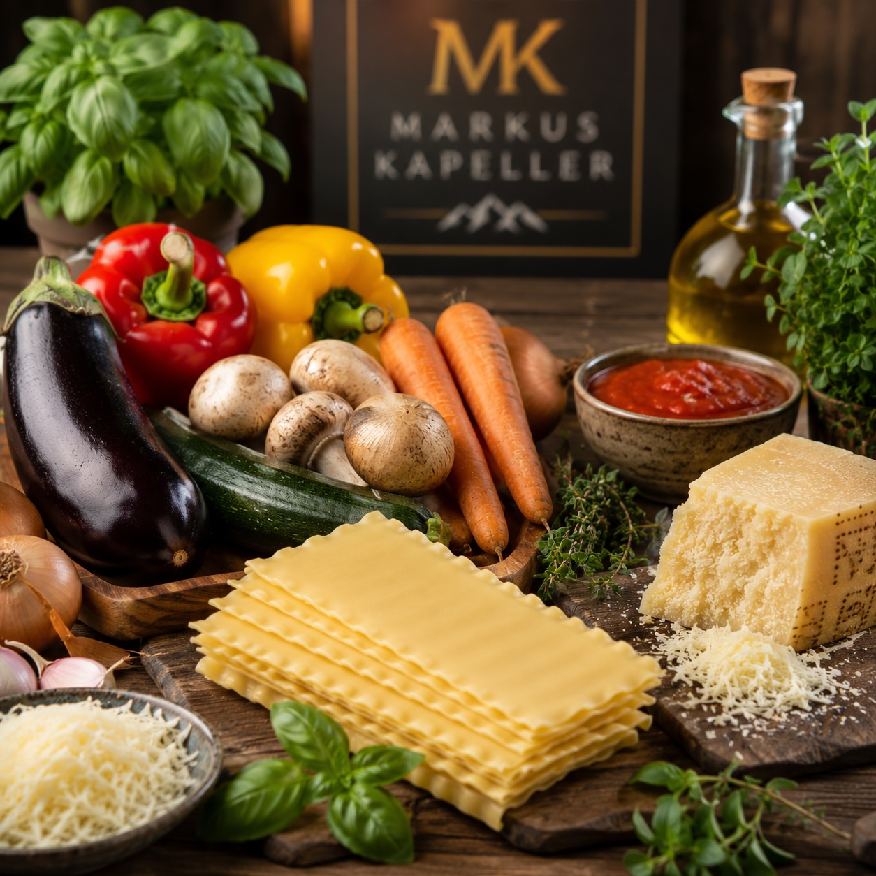 Frisches Gemüse, Lasagneblätter, Parmesan und Kräuter für eine Gemüse-Lasagne