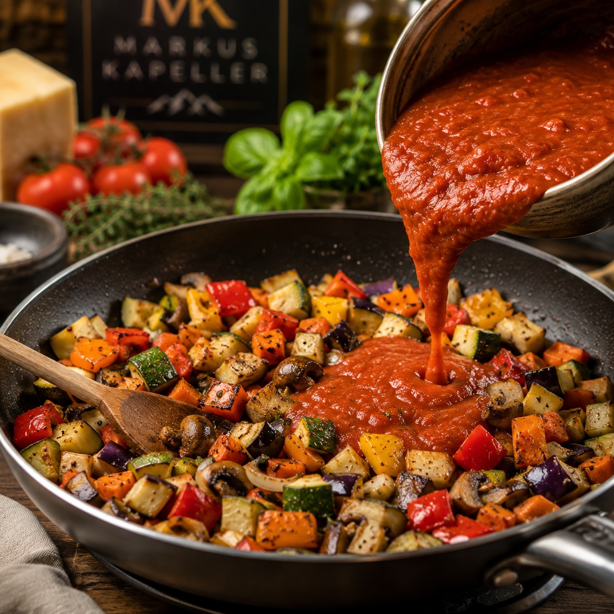 Geröstetes Gemüse wird mit Tomatensugo für die Gemüse-Lasagne vorbereitet