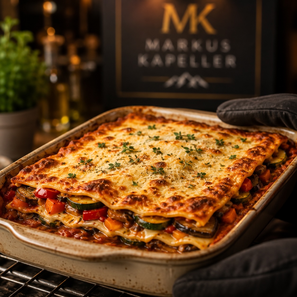 Goldbraun überbackene Gemüse-Lasagne wird frisch aus dem Ofen geholt und mit Parmesan verfeinert