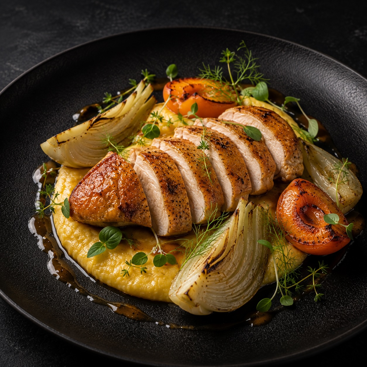 Maishendl mit Marille, Fenchel und cremiger Polenta