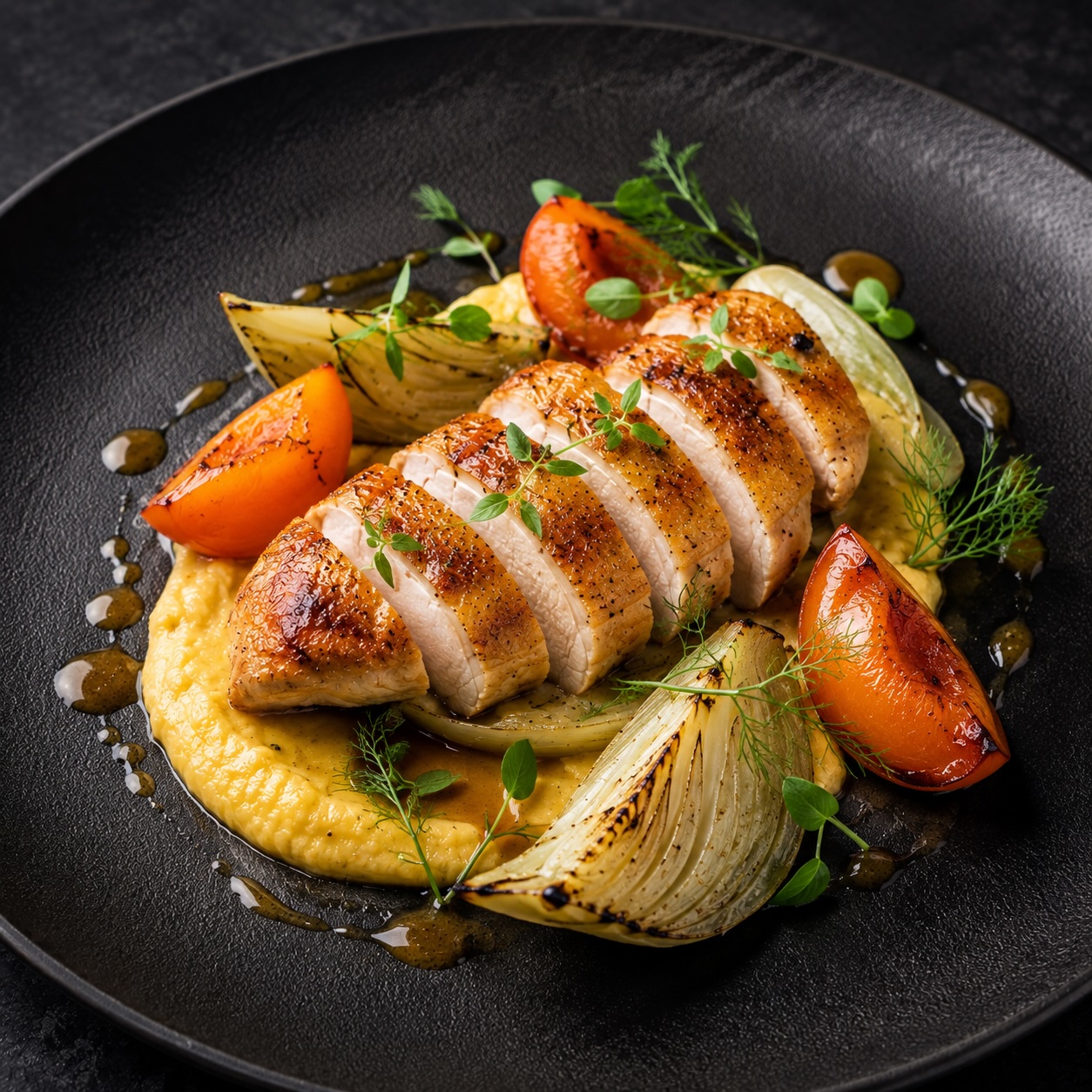 Maishendl mit Marille, Fenchel und cremiger Polenta