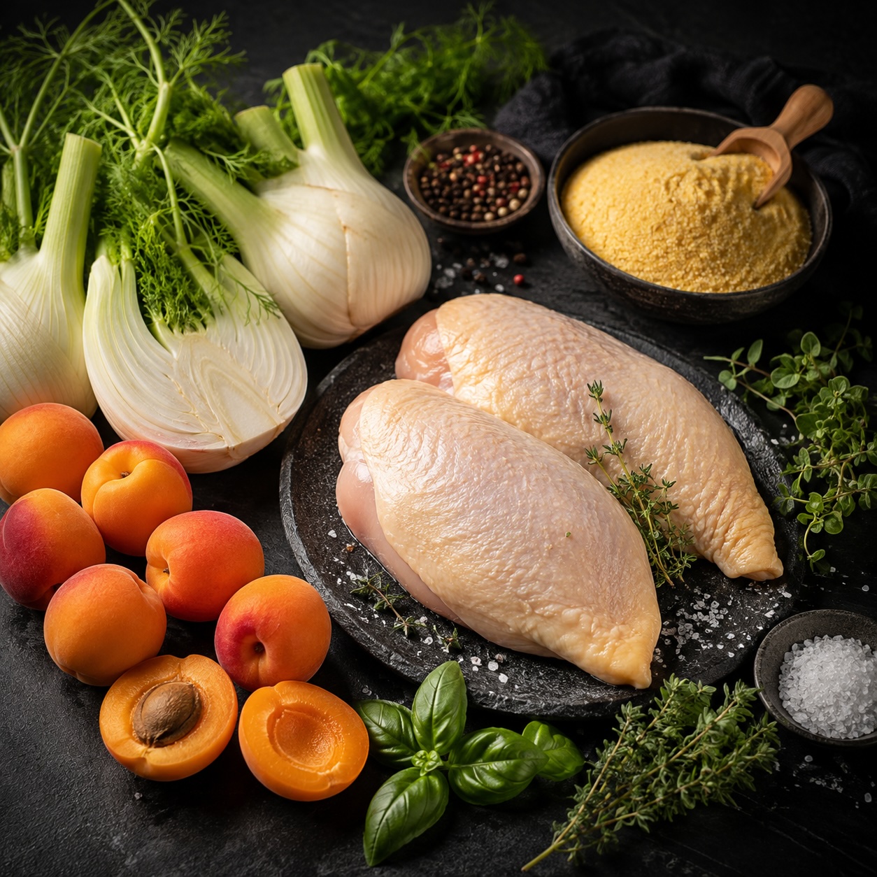 Zutaten für Maishendl mit Marille, Fenchel und cremiger Polenta