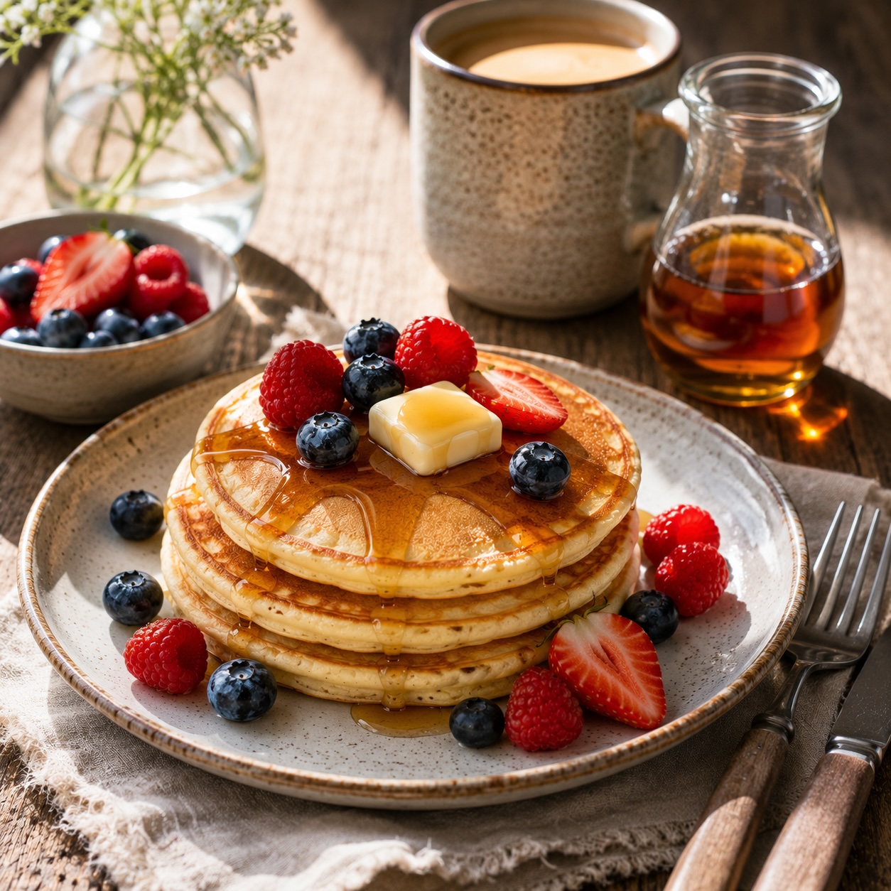 Frisch servierte Pancakes mit Ahornsirup und Beeren