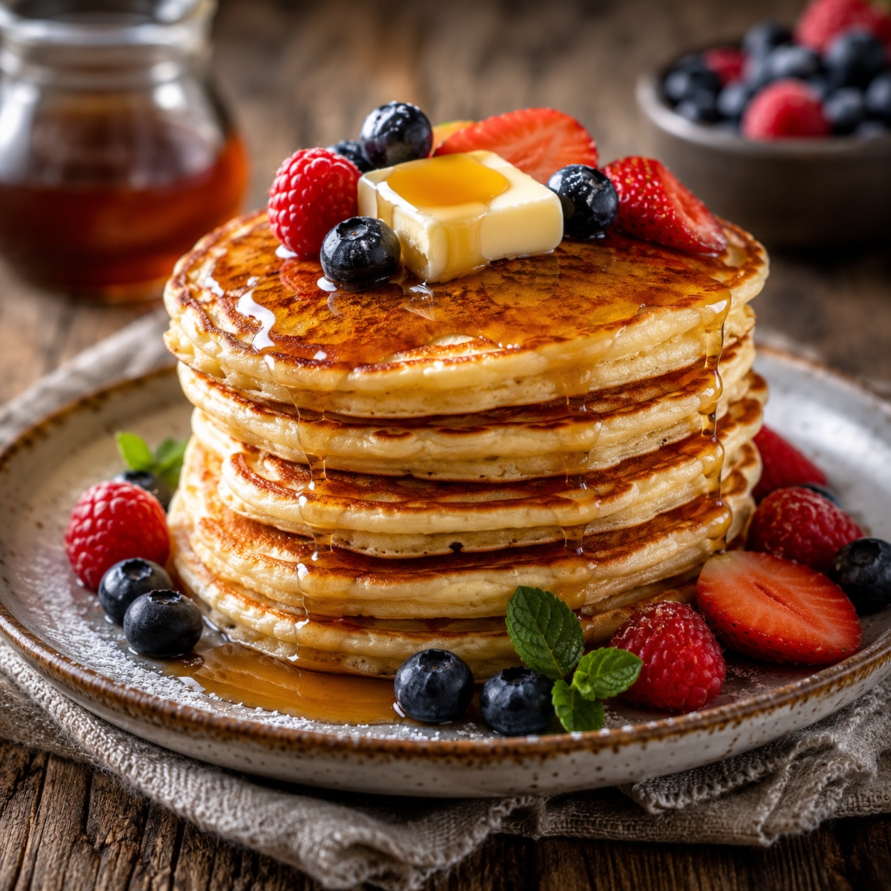 Fluffige Pancakes mit Ahornsirup, Butter und frischen Beeren