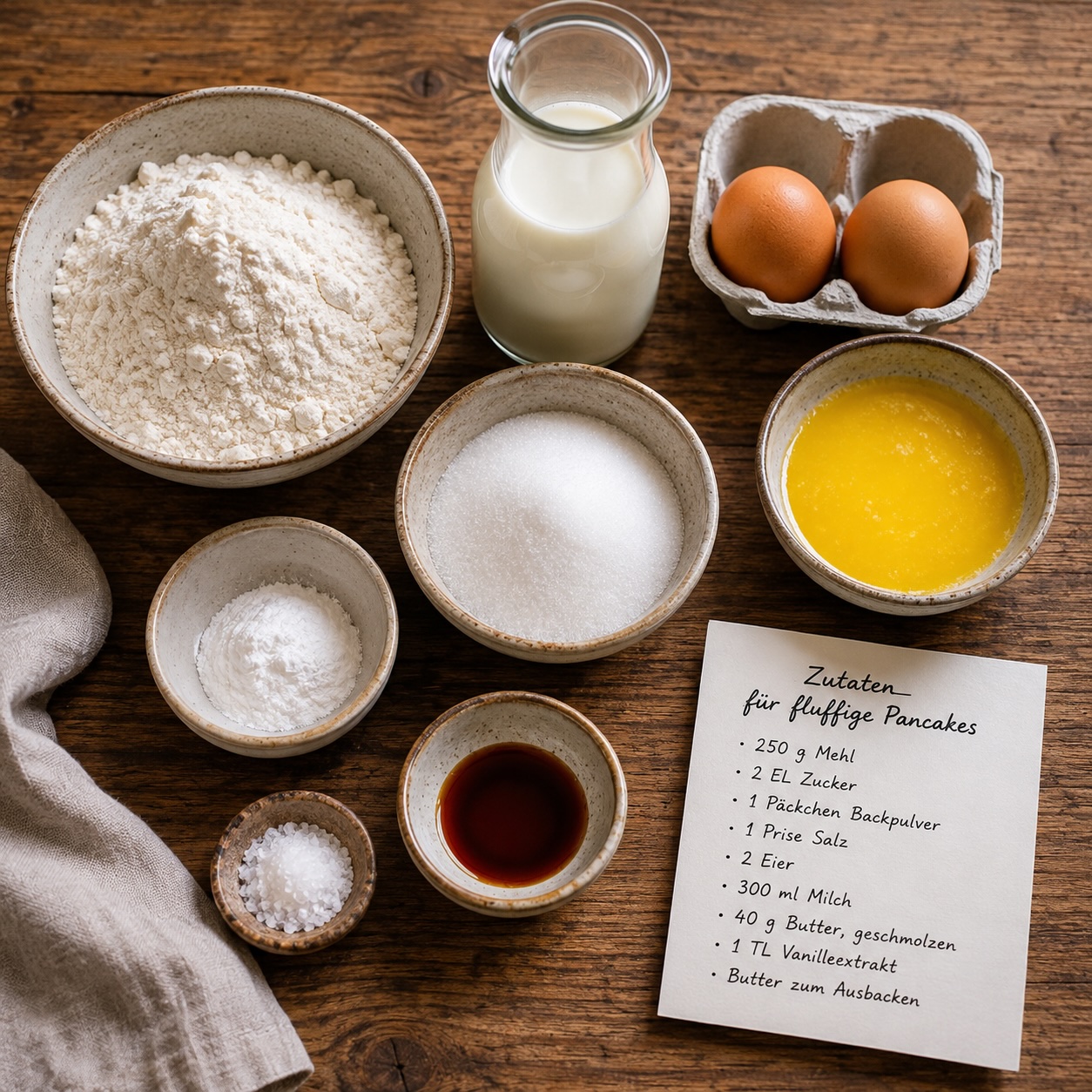 Zutaten für fluffige Pancakes übersichtlich angerichtet