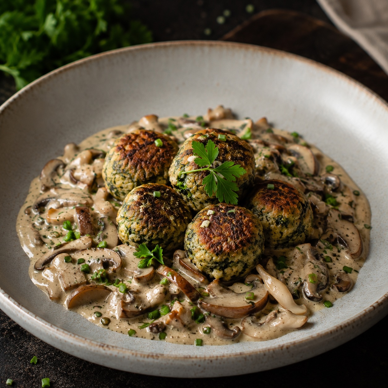 Sommerliches Pilzragout mit knusprig gebratenen Brennnesselknödeln