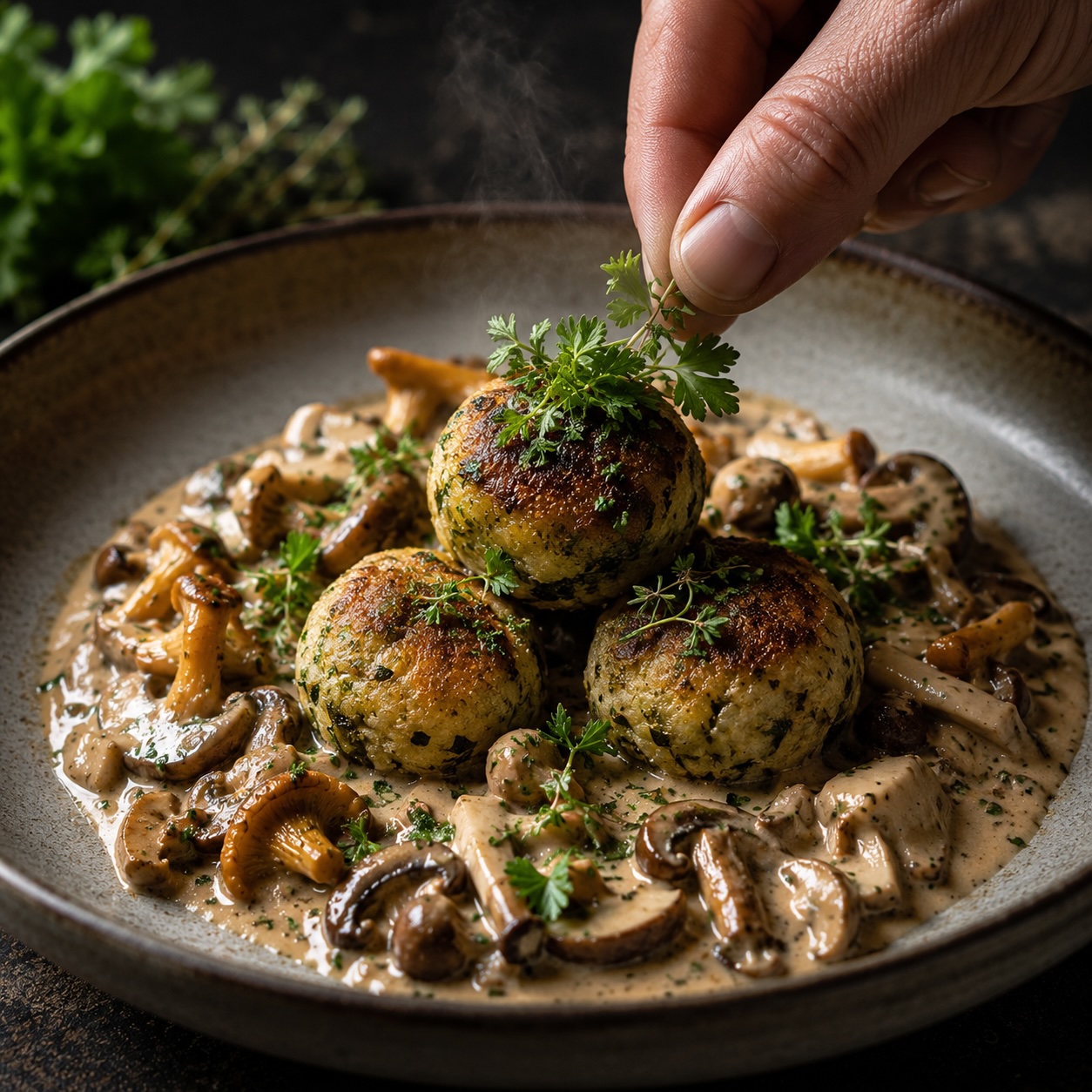 Cremiges Pilzragout mit goldbraun gebratenen Brennnesselknödeln fertig angerichtet