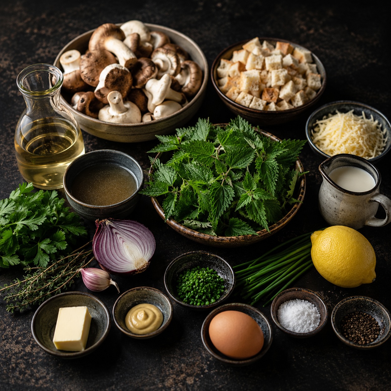 Frische Sommerpilze, Brennnesseln, Kräuter, Schalotte, Knoblauch und weitere Zutaten für das Pilzragout