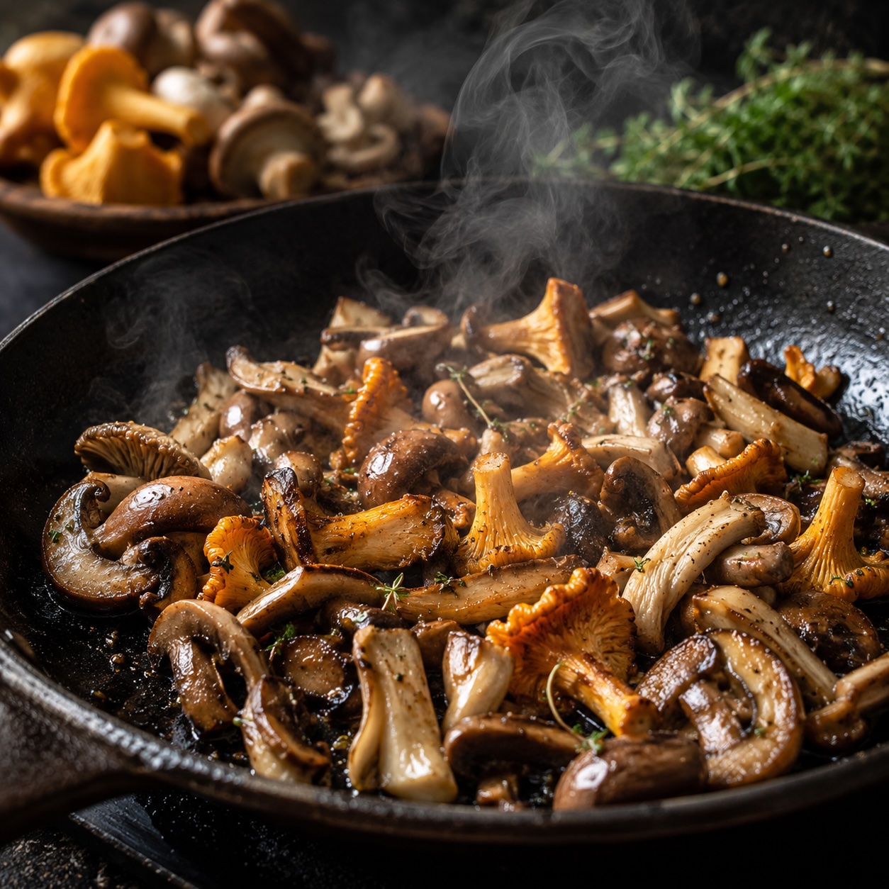 Sommerpilze werden für das cremige Pilzragout kräftig angebraten