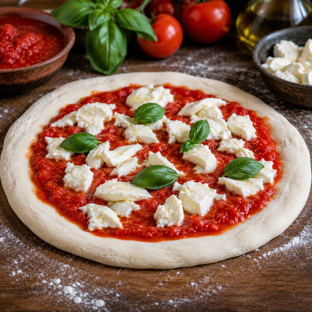 Pizza mit San-Marzano-Tomaten und Fior di Latte belegen