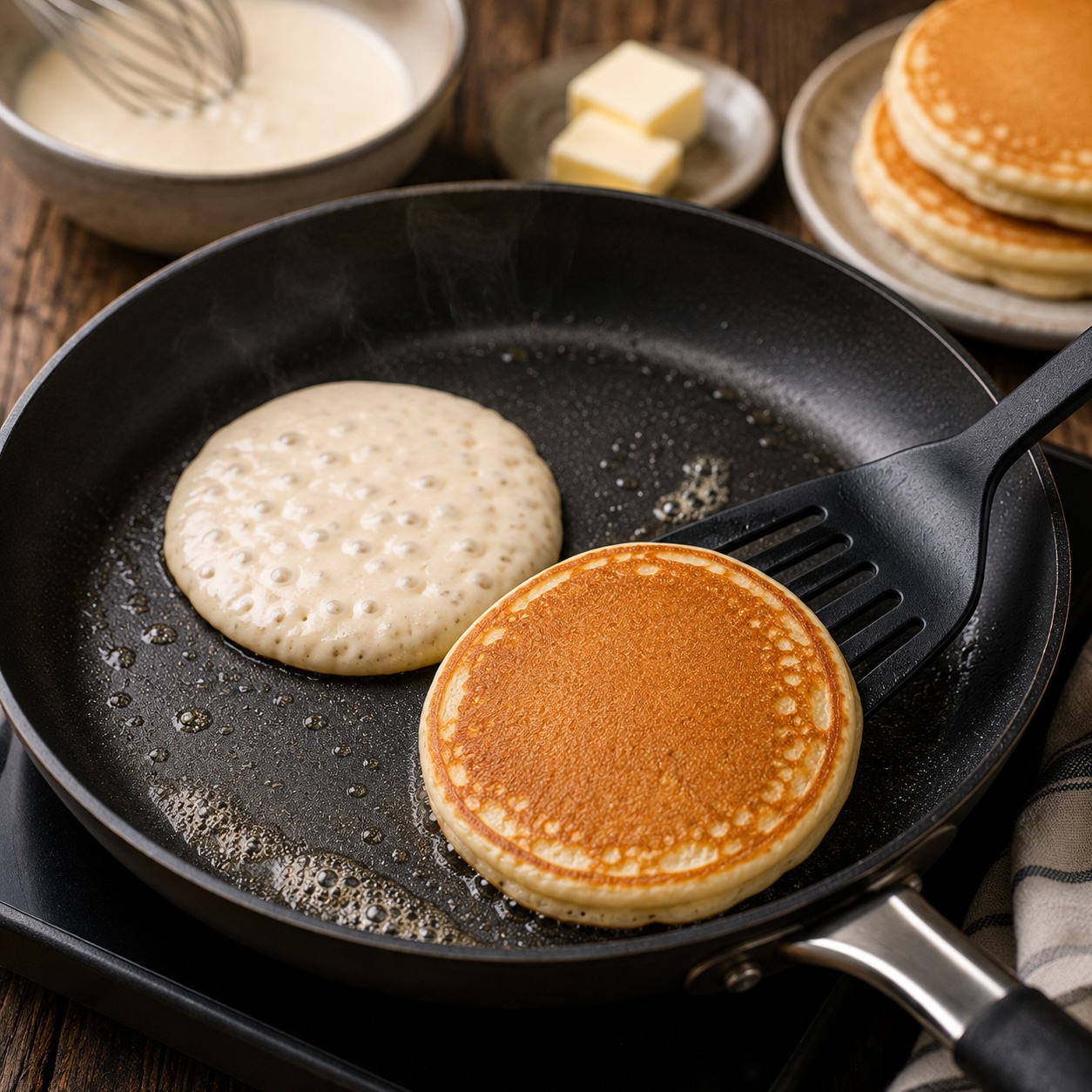 Pancake wird goldbraun in der Pfanne ausgebacken