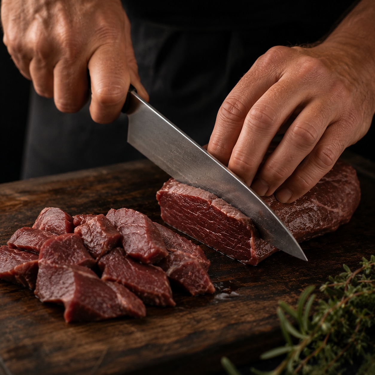 Rehfleisch für Rehragout in Würfel schneiden