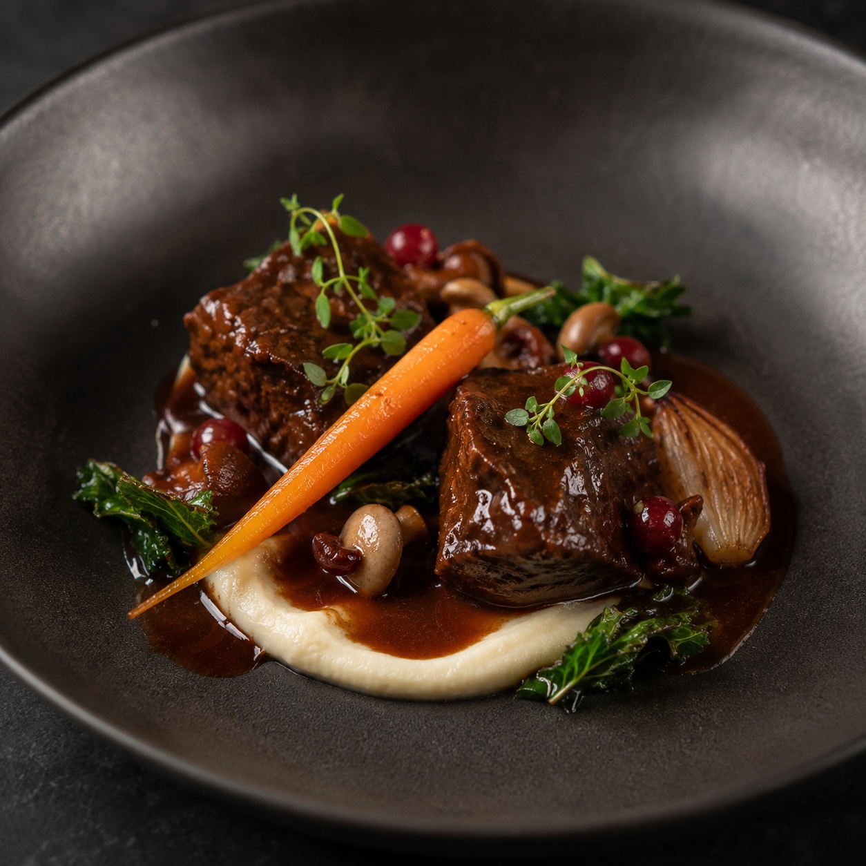 Modern angerichtetes Rehragout mit Beeren und Knödel