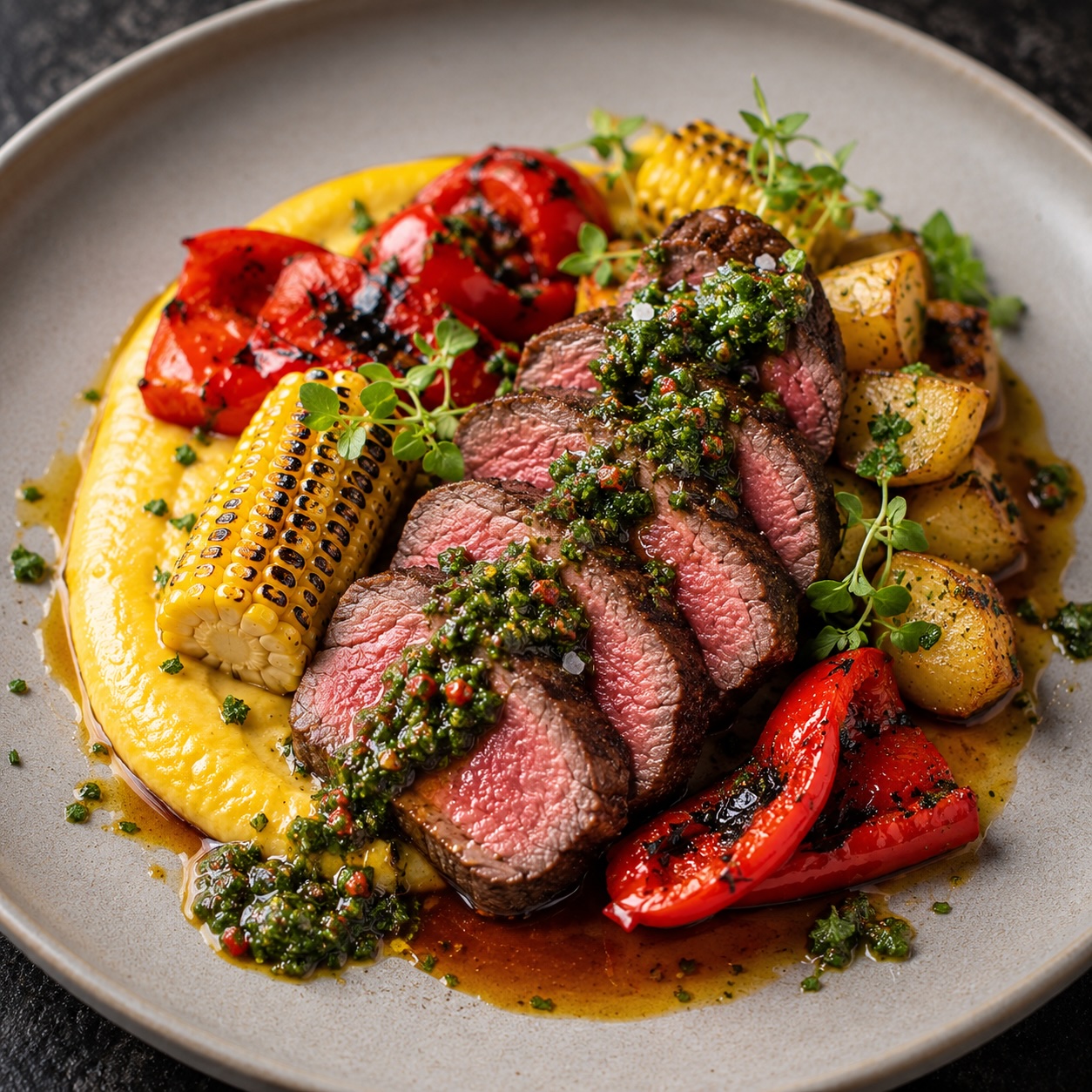 Rosa Rinderrücken mit Mais, Paprika und Kräuter-Chimichurri