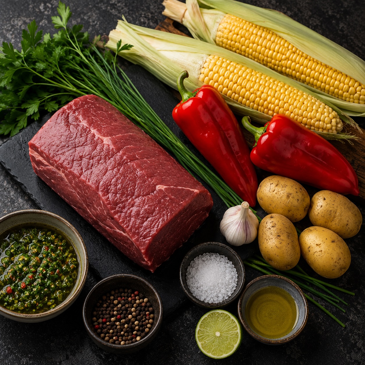 Zutaten für Rinderrücken mit Mais, Paprika und Kräuter-Chimichurri