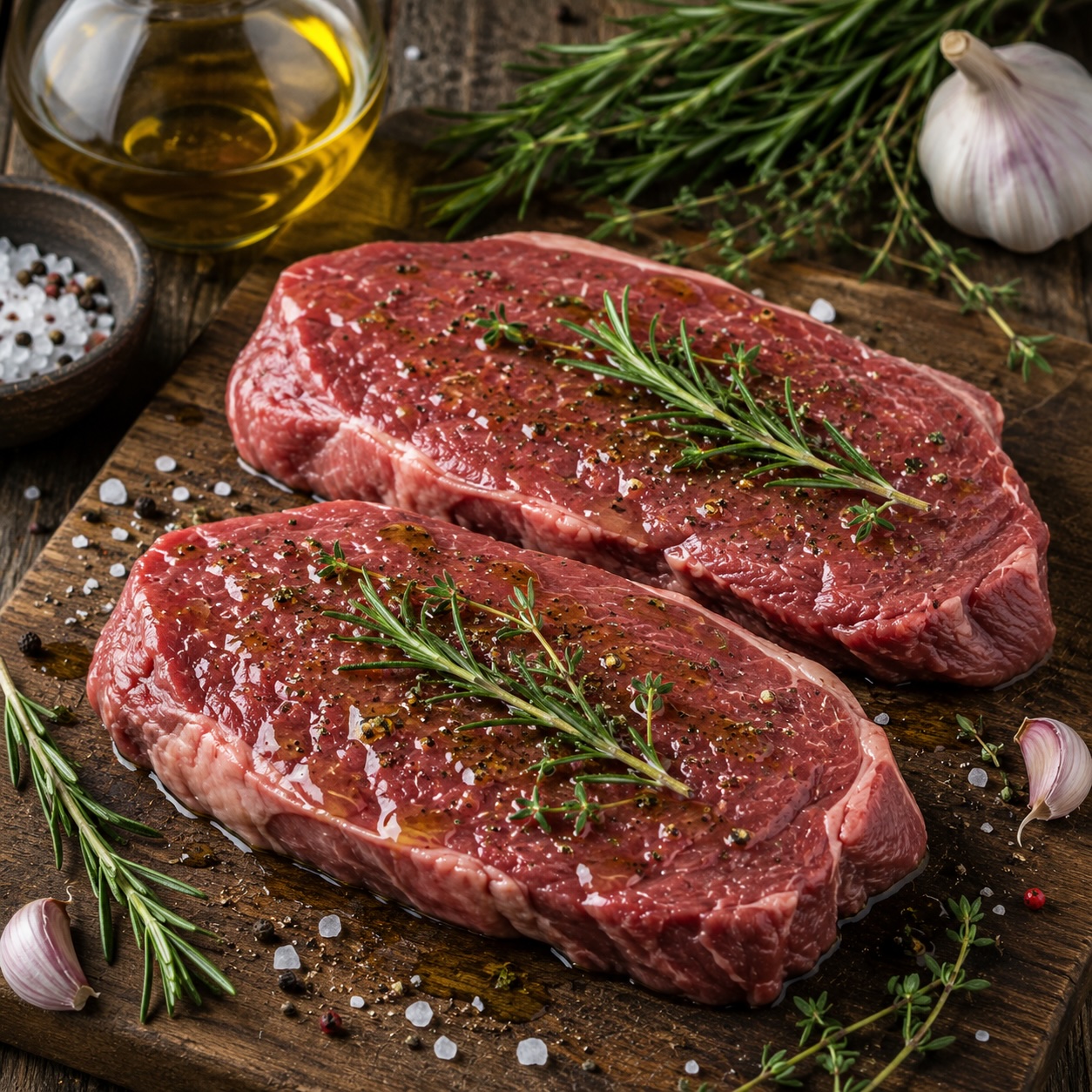 Rostbratensteak mit Kräutern und Öl vorbereitet