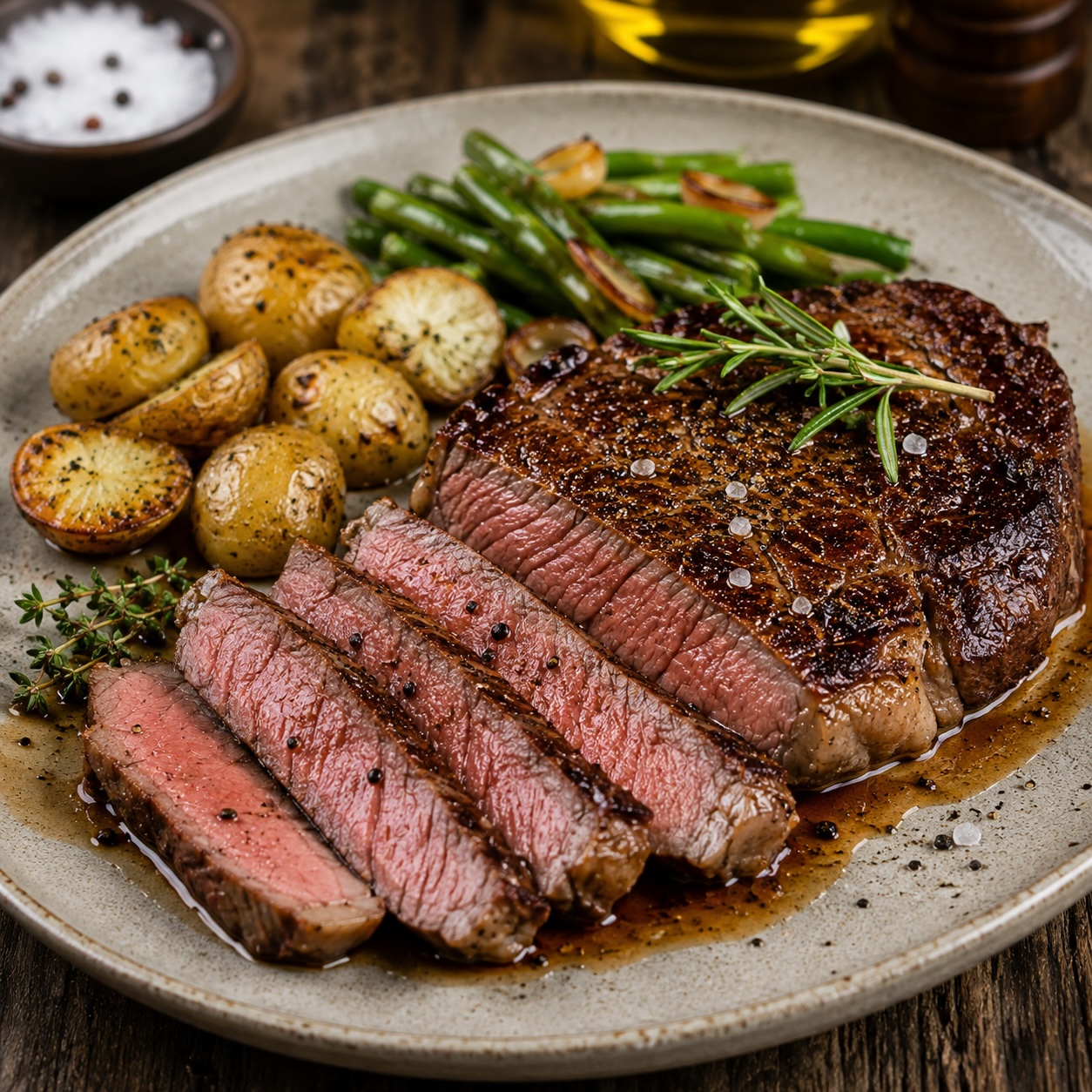 Saftiges Rostbratensteak servierfertig angerichtet