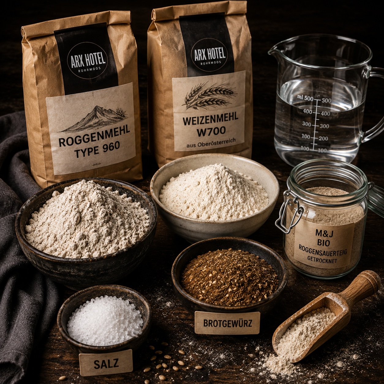Zutaten für das ARX Sauerteigbrot mit Roggensauerteig und Weizenmehl W700