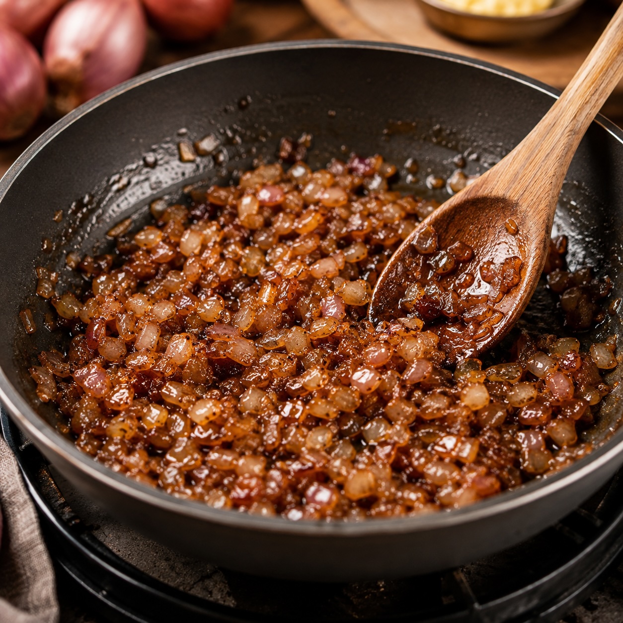Karamellisierte Schalotten in der Pfanne für eine cremige Burger Sauce