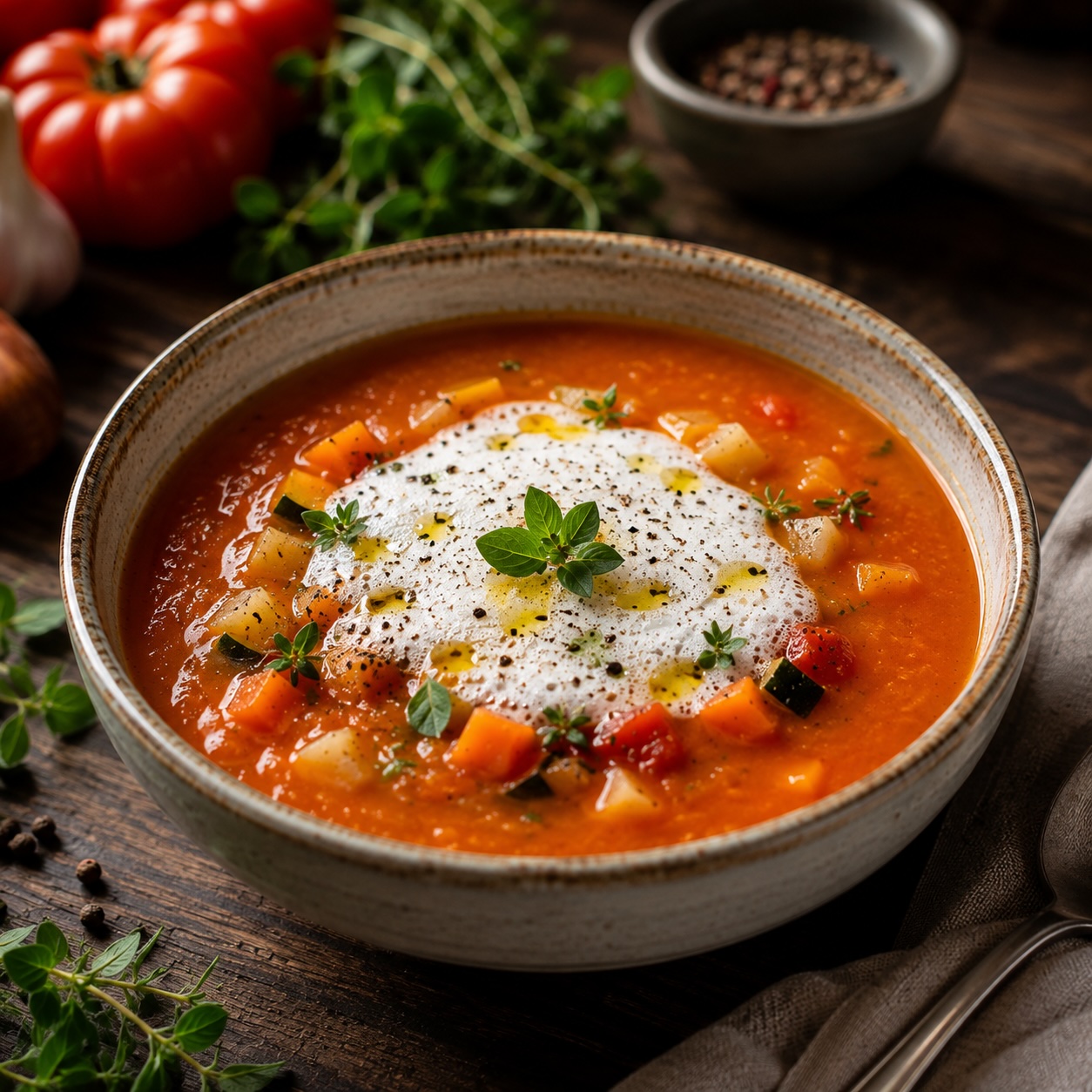 Frische Zutaten für Tomaten-Gemüsesuppe mit Tomaten, Kräutern und Gewürzen