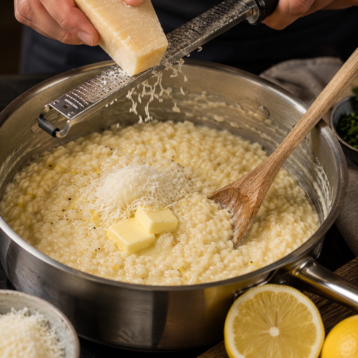 Cremiges Zitronenrisotto mit Parmesan fertigstellen
