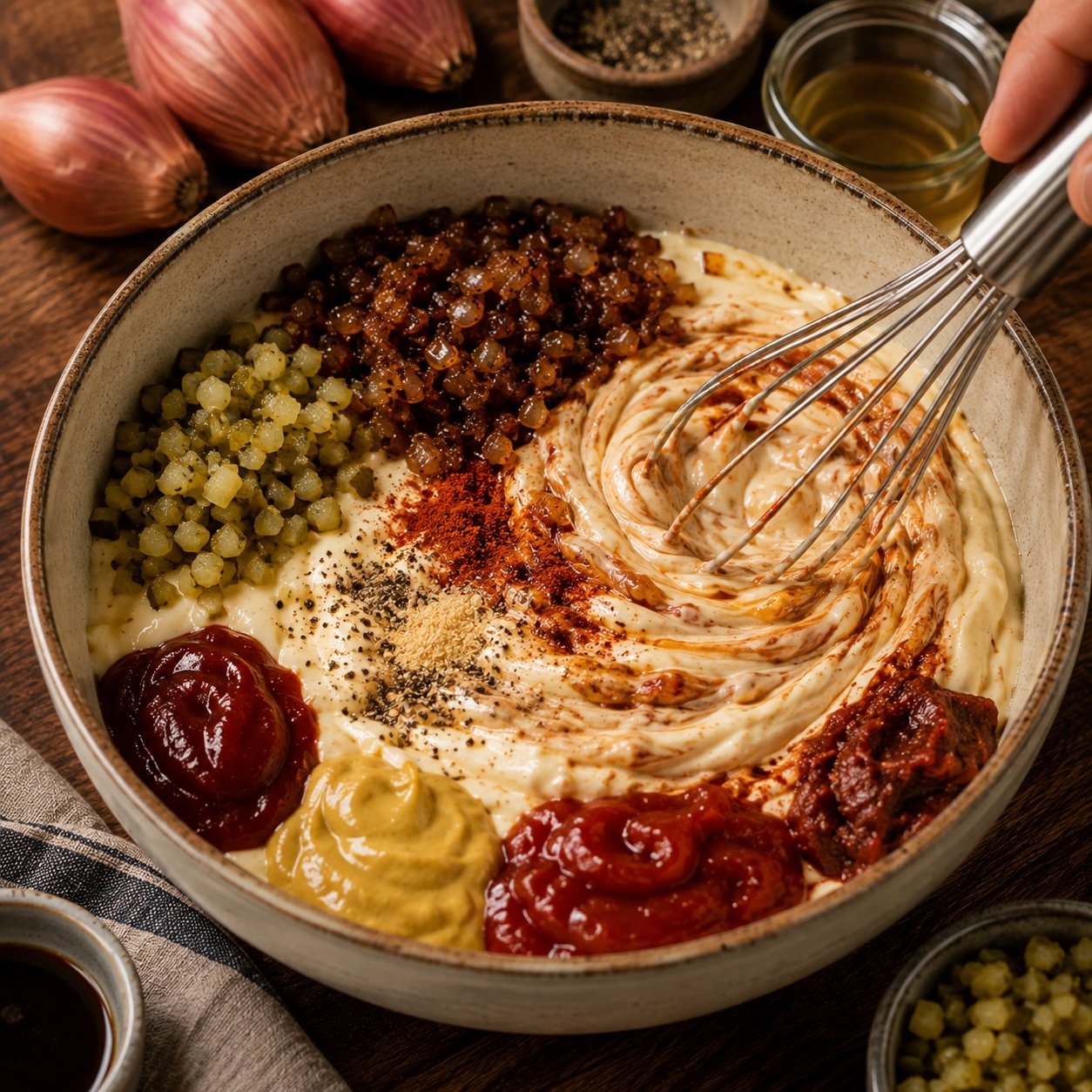 Alle Zutaten für die Burger Sauce werden cremig verrührt