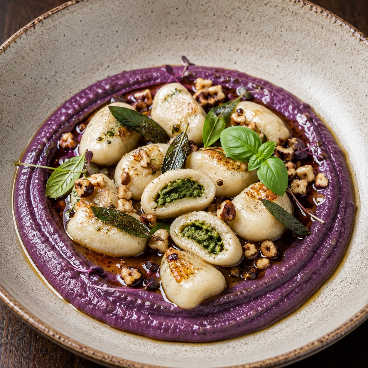 Basilikum-Gnocchi mit violetter Urkarottencreme und Nussbutter