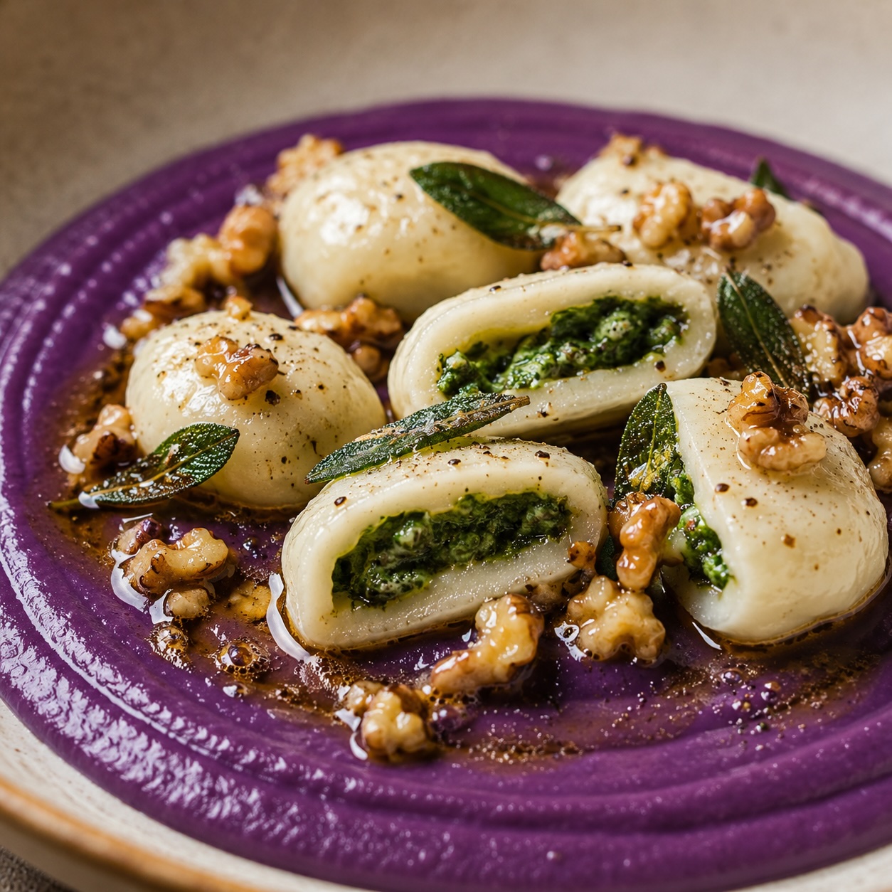 Weiße, mit Basilikum gefüllte Gnocchi auf cremiger violetter Urkarottencreme