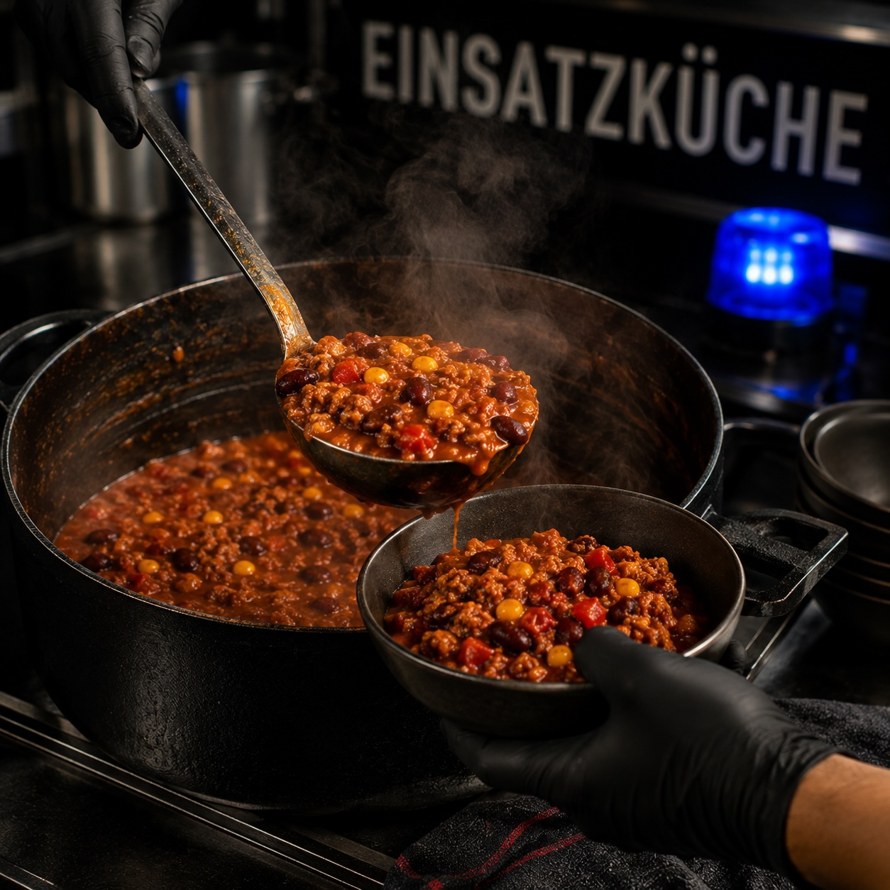 Einsatz-Chili wird mit einer Schöpfkelle aus dem Topf portioniert
