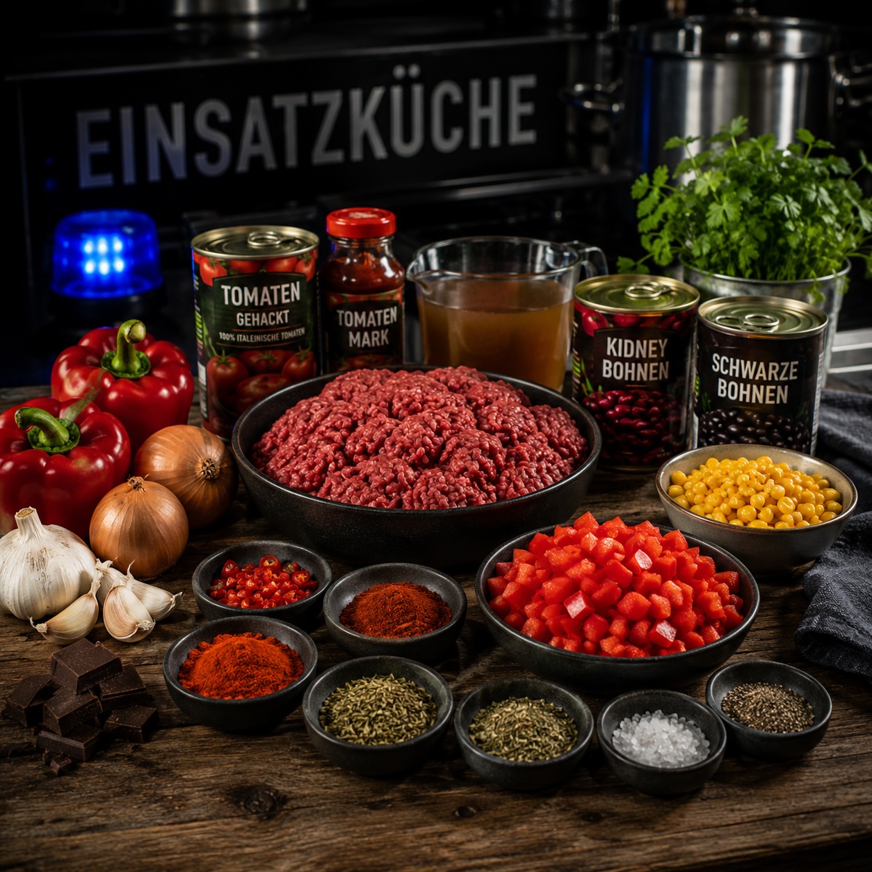 Zutaten für Einsatz-Chili mit Rindfleisch, Bohnen, Paprika und Mais