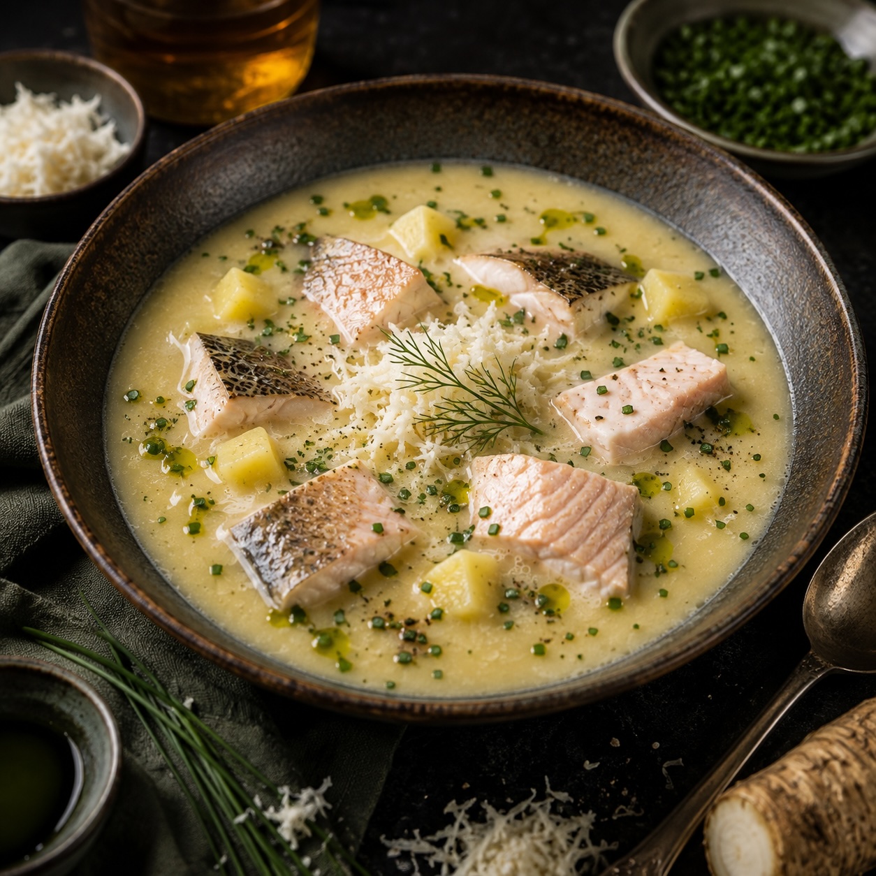 Fertige steirische Fischsuppe mit Forelle, Erdäpfeln, frischem Kren und Kräutern