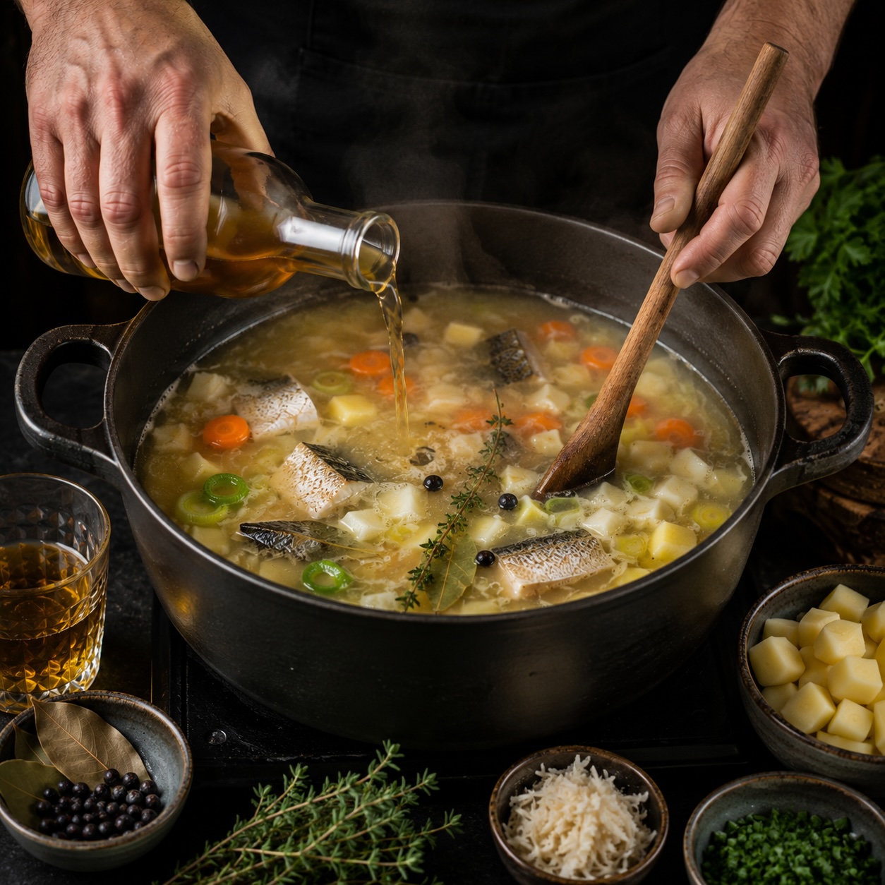 Steirische Fischsuppe wird im Topf mit Fischfond, Gemüse und Apfelmost zubereitet