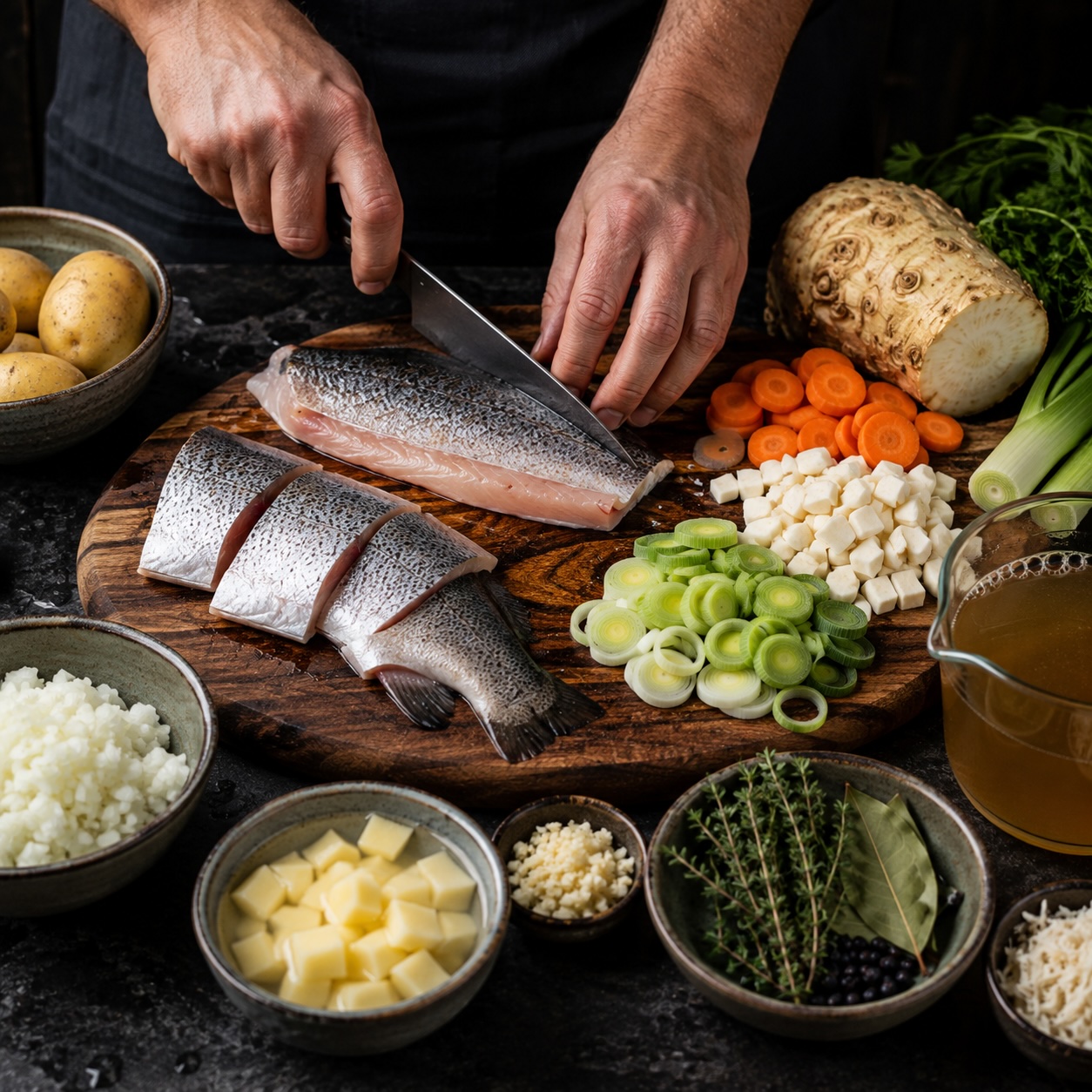 Forelle und Gemüse werden für die steirische Fischsuppe vorbereitet