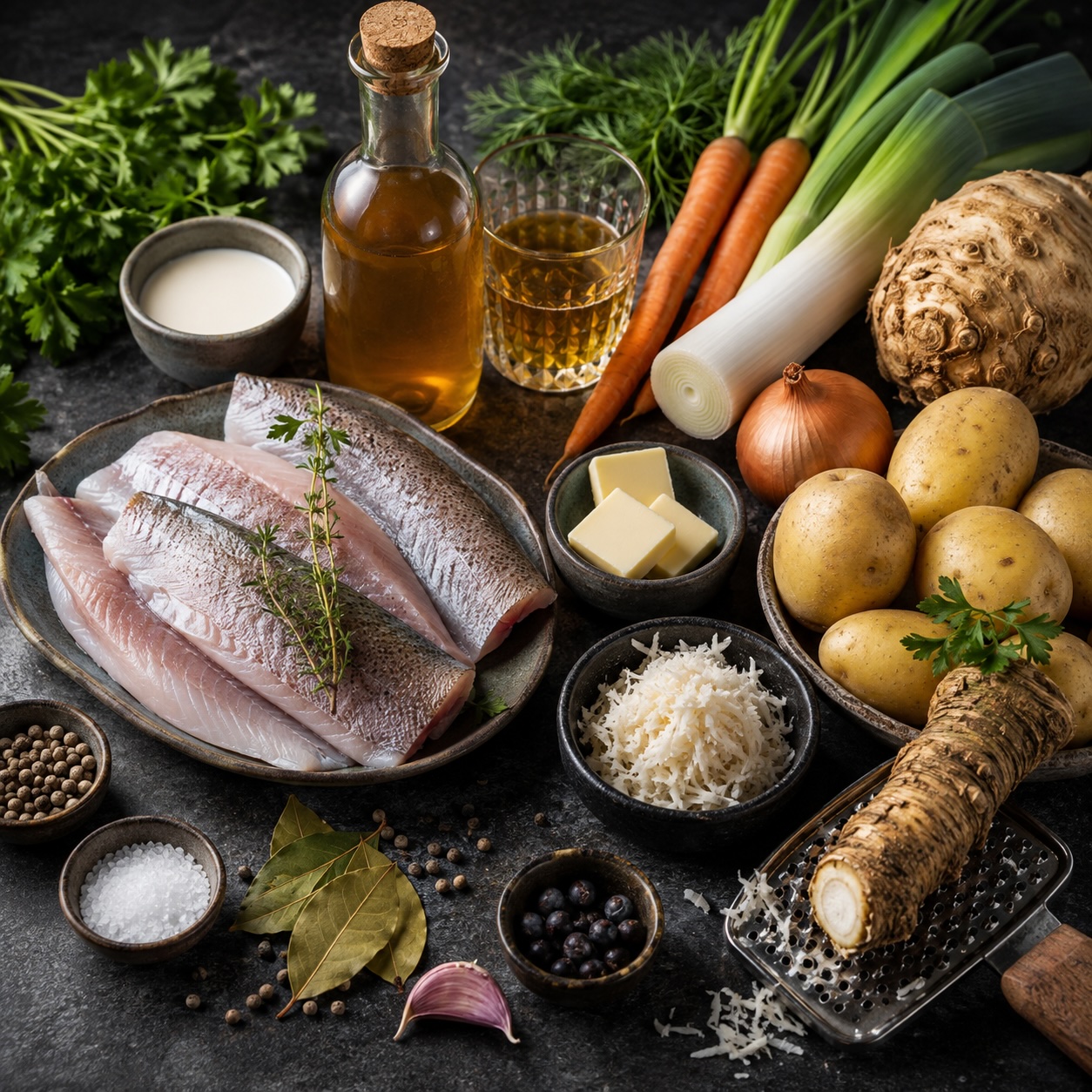 Zutaten für steirische Fischsuppe mit Forelle, Erdäpfeln, Wurzelgemüse, Apfelmost und Kren