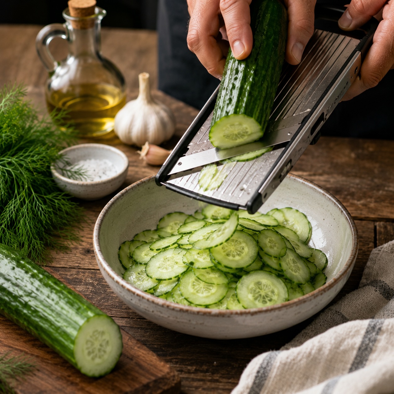 Gurken fein hobeln für cremigen Gurkensalat