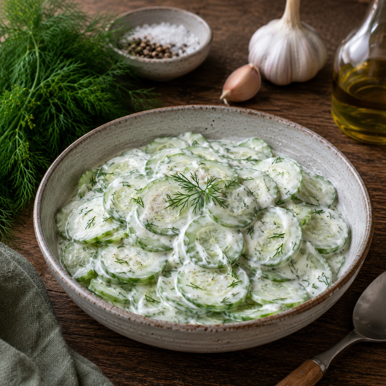 Cremiger Gurkensalat mit Sauerrahm und frischem Dill