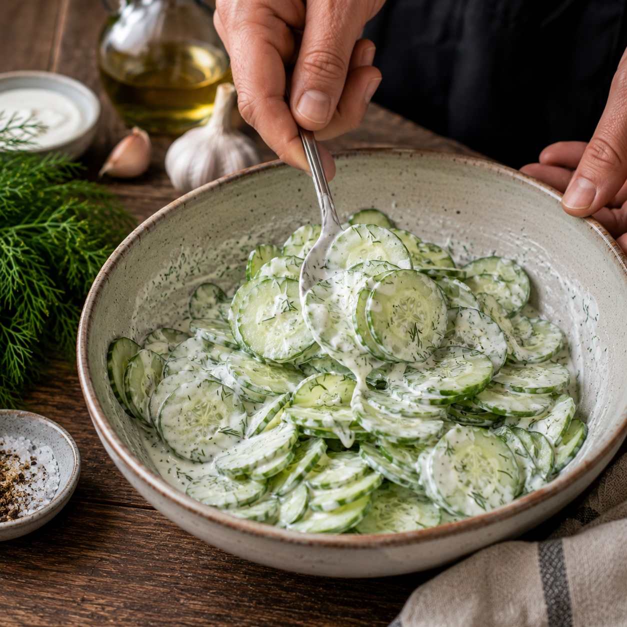 Gurkensalat mit Sauerrahm und Dill vermengen