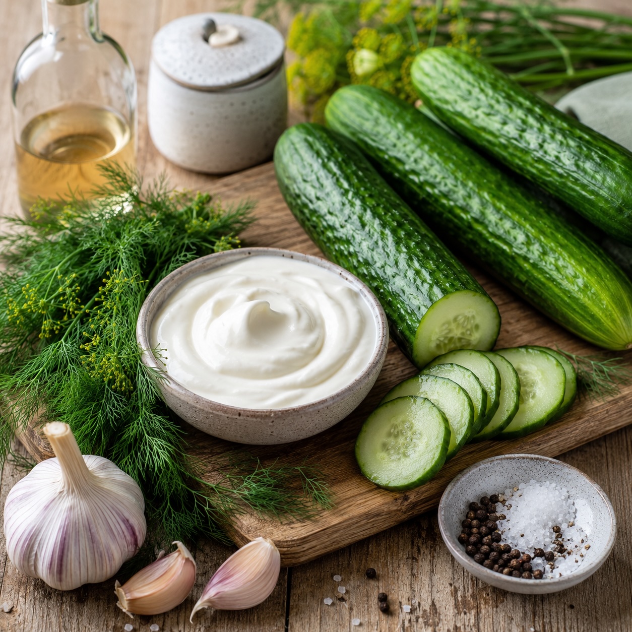 Frische Gurken und Dill für Gurkensalat mit Sauerrahm