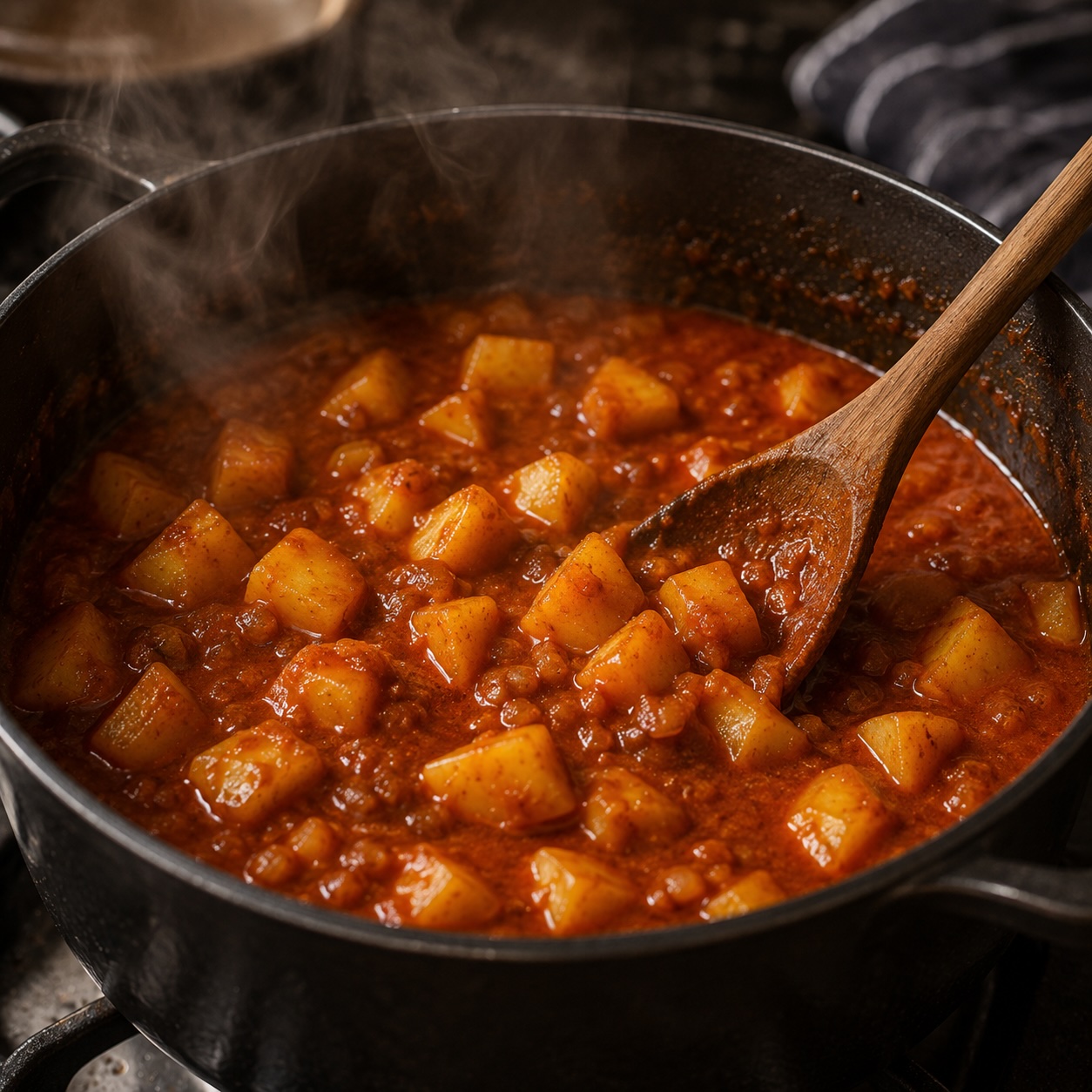 Kartoffelgulasch langsam im Topf köcheln lassen