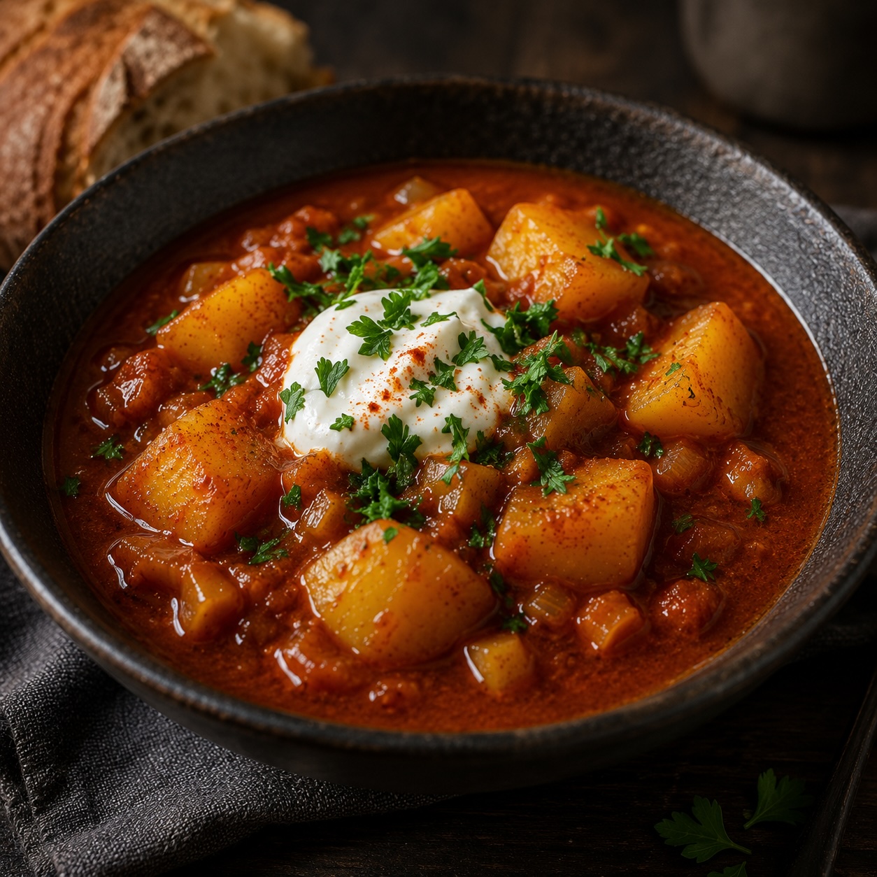Fertiges österreichisches Kartoffelgulasch mit Sauerrahm