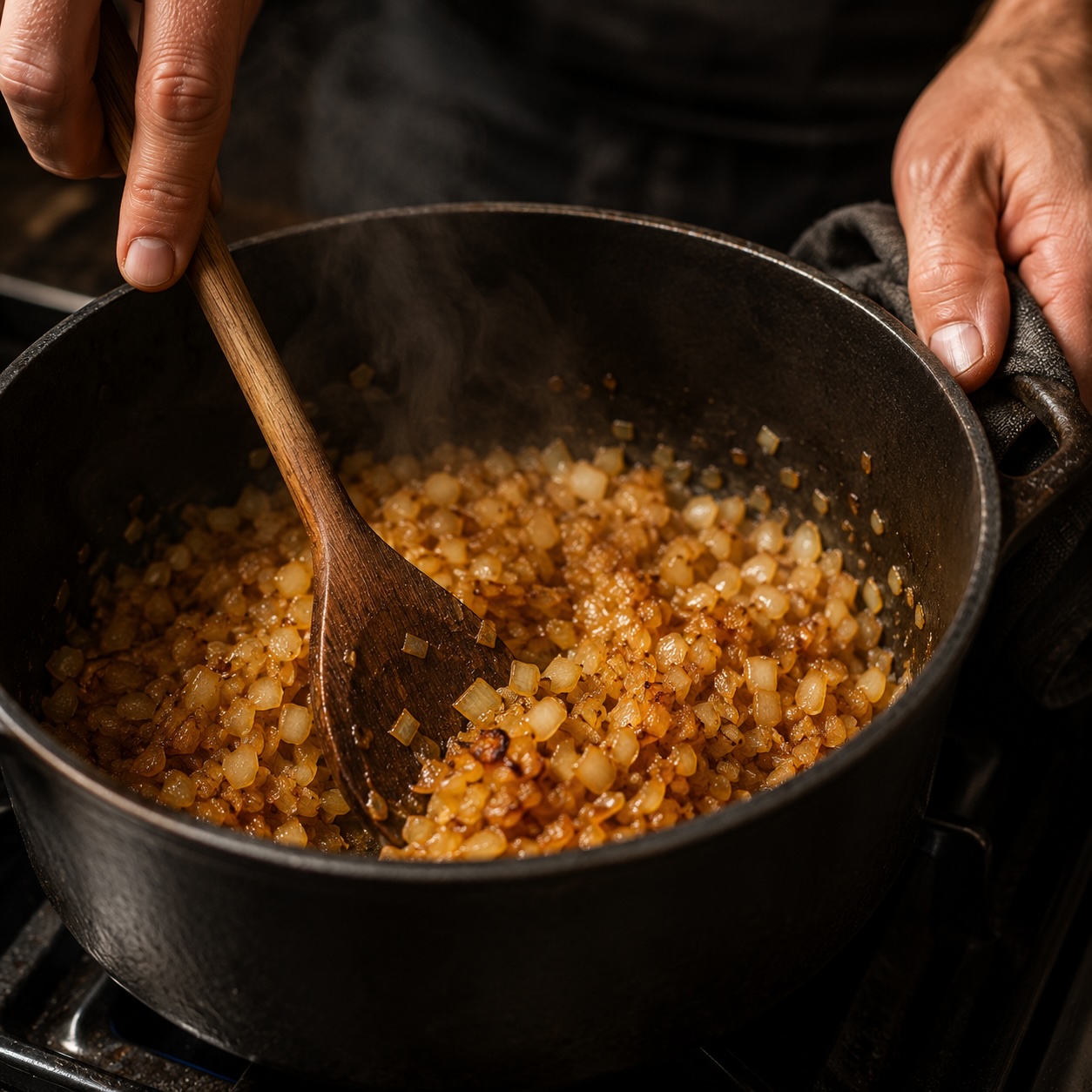 Zwiebeln für Kartoffelgulasch goldbraun rösten