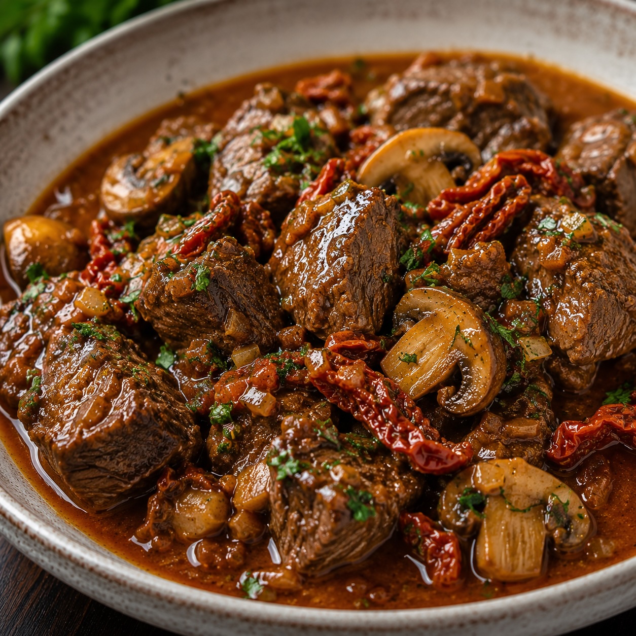 Zart geschmortes Kalbfleisch mit Pilzen und getrockneten Tomaten