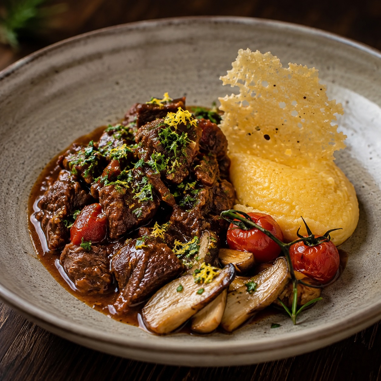 Kalbsgulasch Alpe-Adria mit cremiger Polenta und geschmorten Tomaten