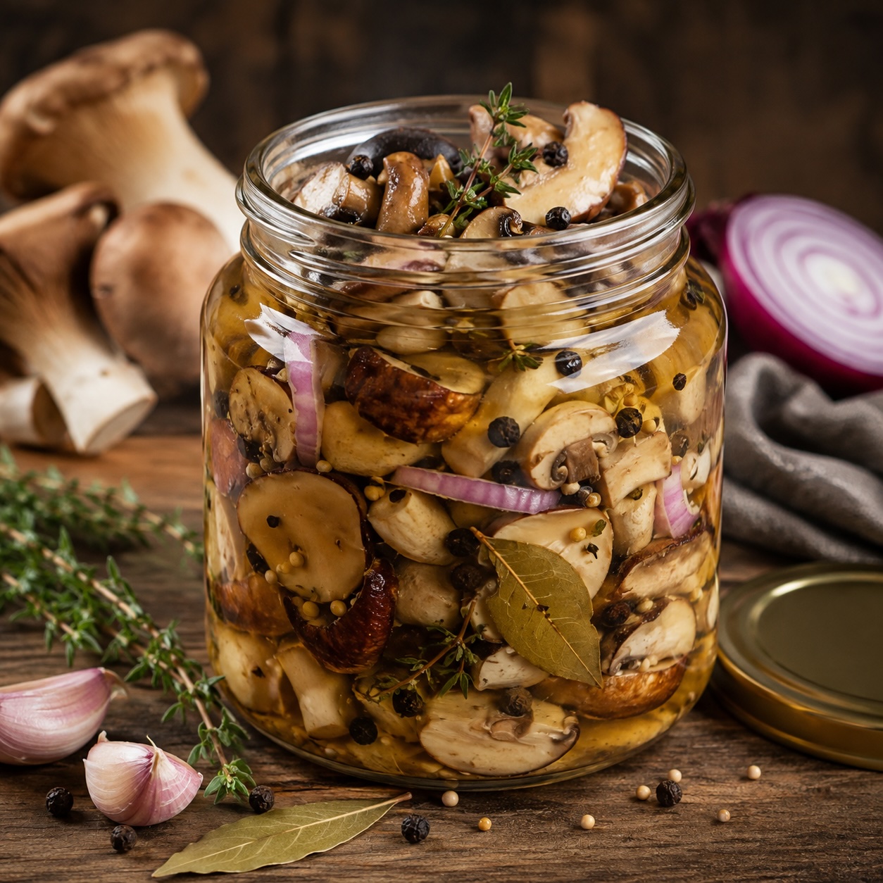 Süß-sauer eingelegte gemischte Pilze im Glas
