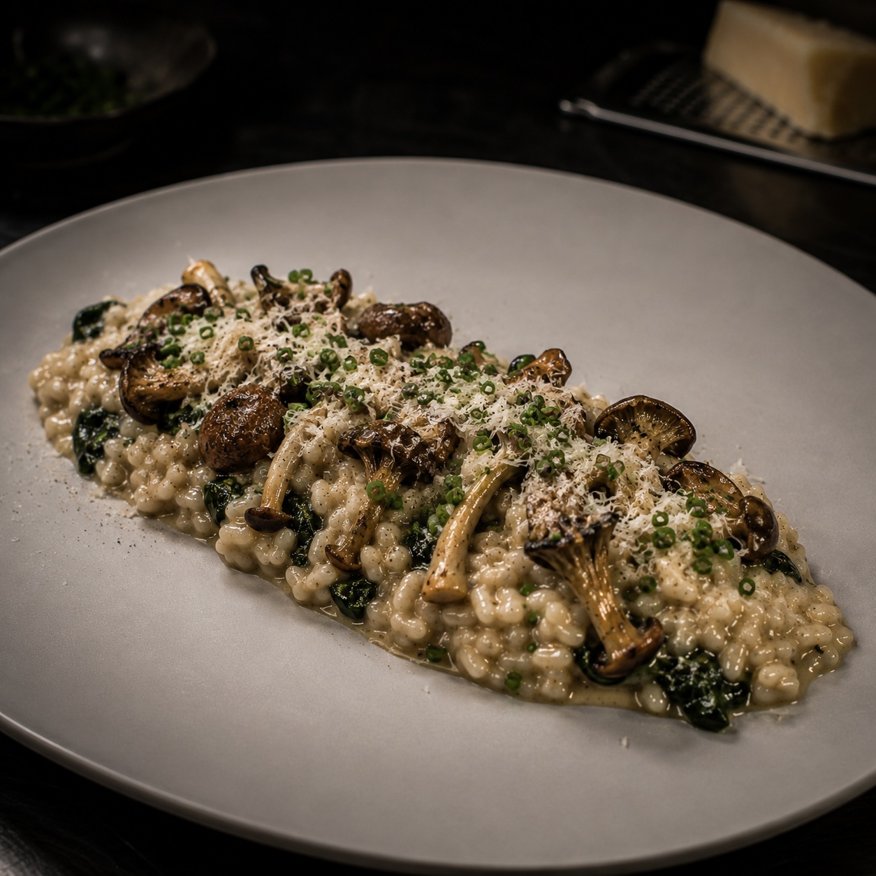 Sommerliches Pilzrisotto mit Grana und Schnittlauch