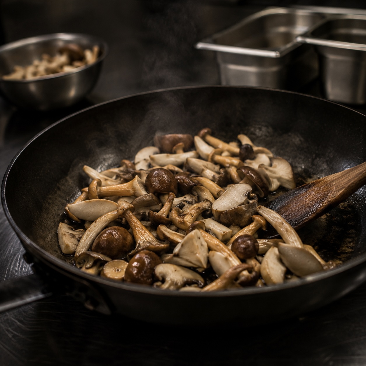 Goldbraun gebratene Pilze für Pilzrisotto